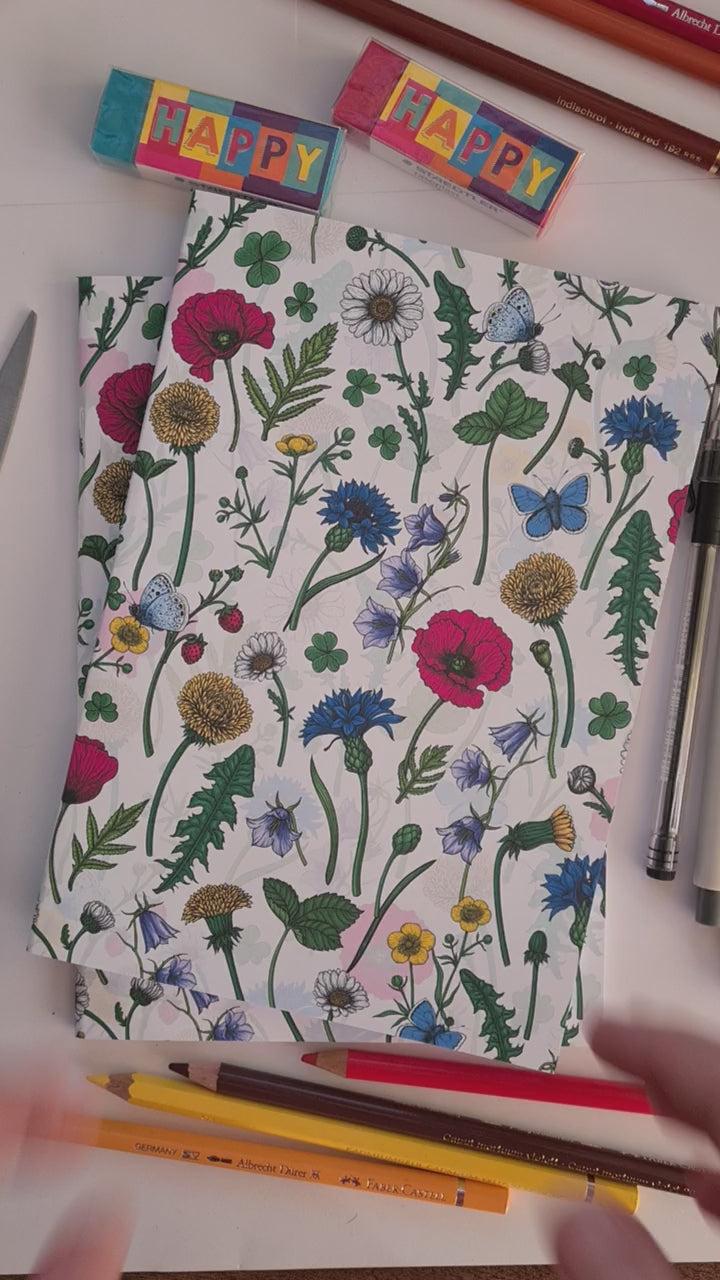 video showing a hand-made notebook with hand-painted Wildflowers pattern print on the cover