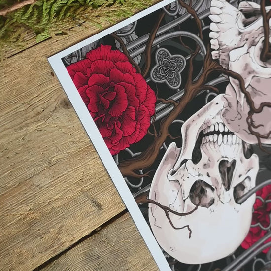 video of a giclee print of Raven's Secret illustration featuring, roses, ravens and skulls