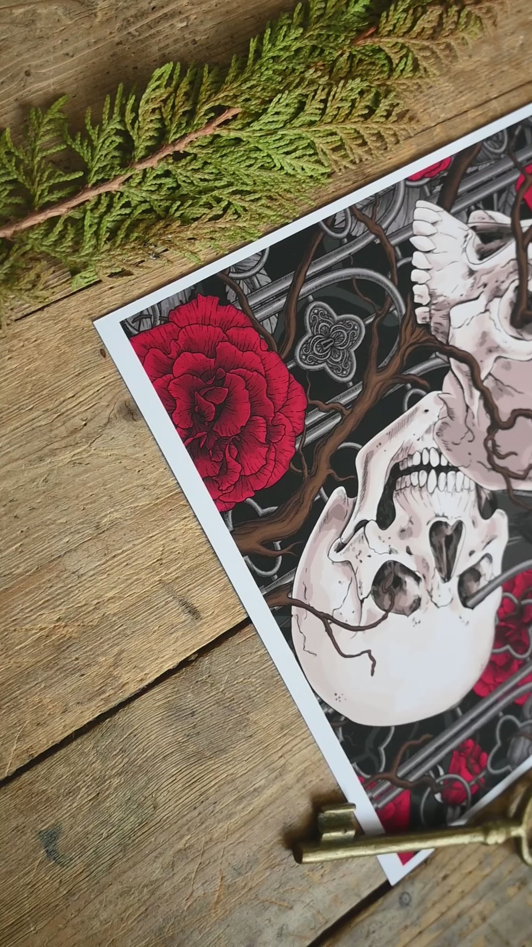 video of a giclee print of Raven's Secret illustration featuring, roses, ravens and skulls