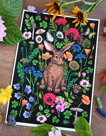 Rabbit and wildflowers 2 art print - katerinamitkova