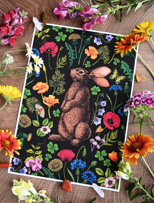Rabbit and wildflowers art print - katerinamitkova