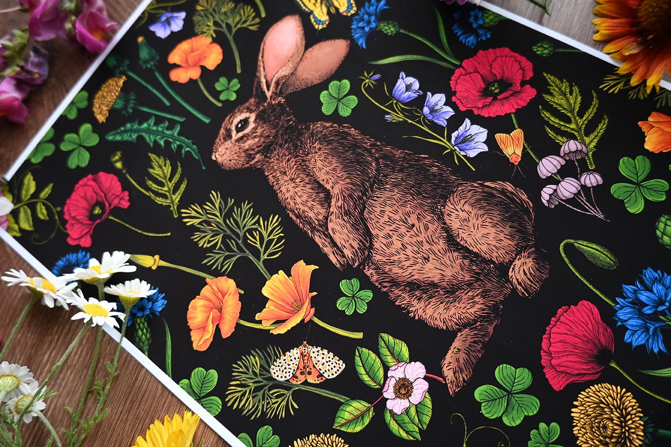 Rabbit and wildflowers art print - katerinamitkova