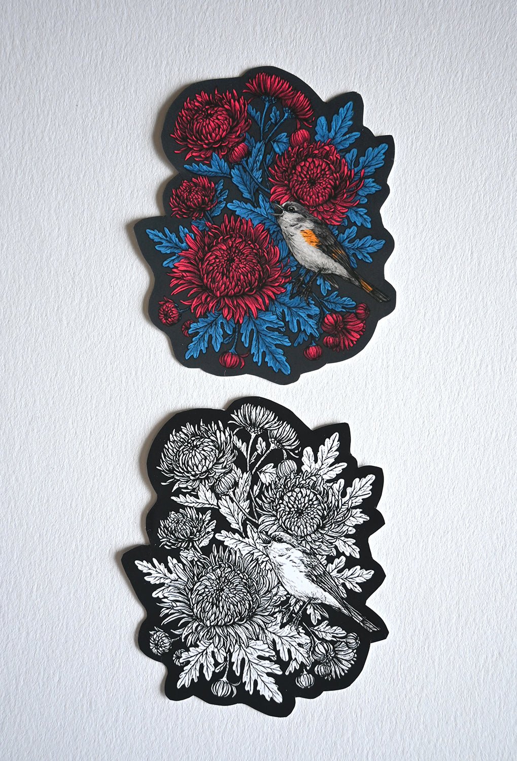 Redstart in the mums vinyl stickers - katerinamitkova