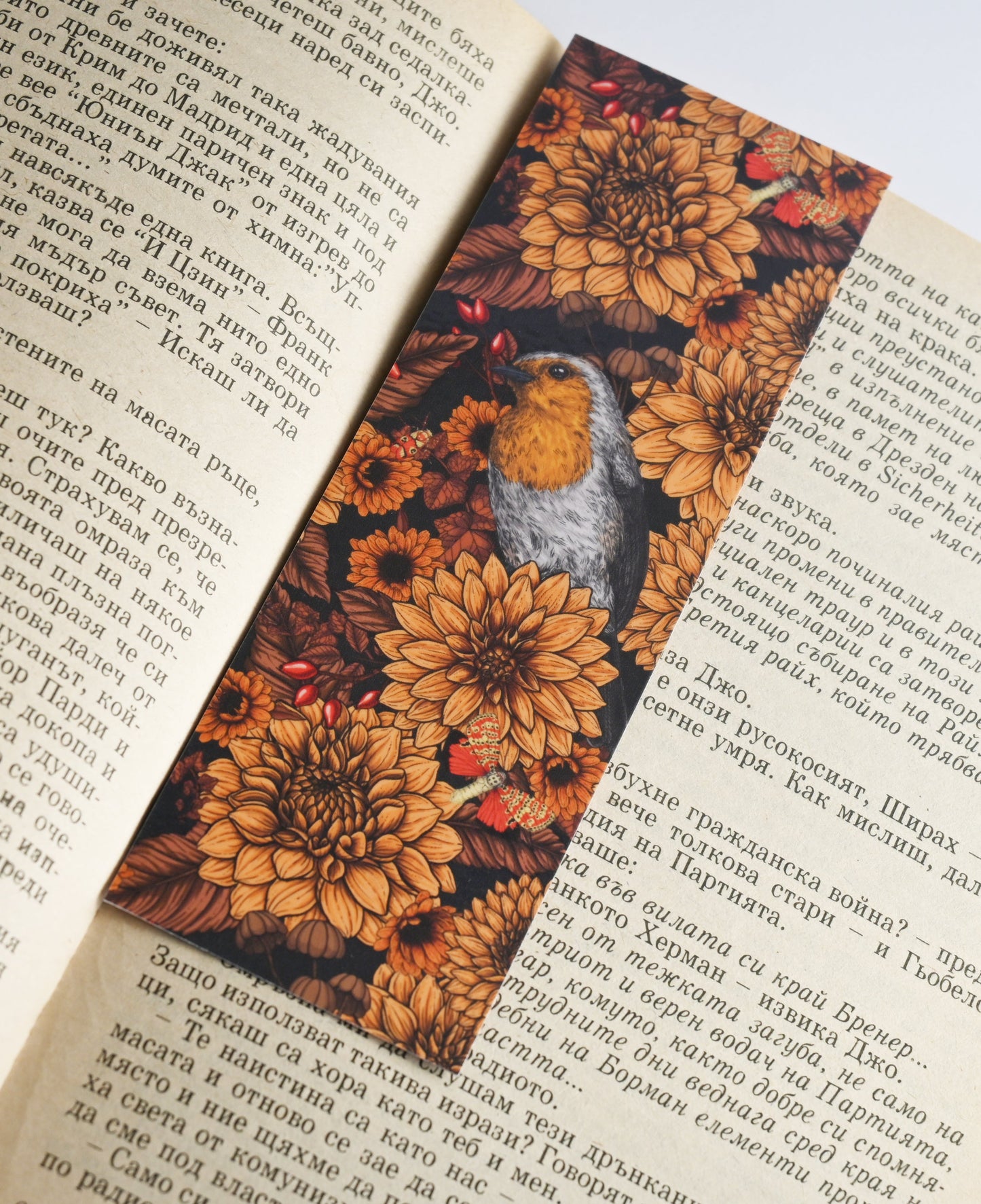 Robin and dahlia flowers pattern Bookmark - katerinamitkova