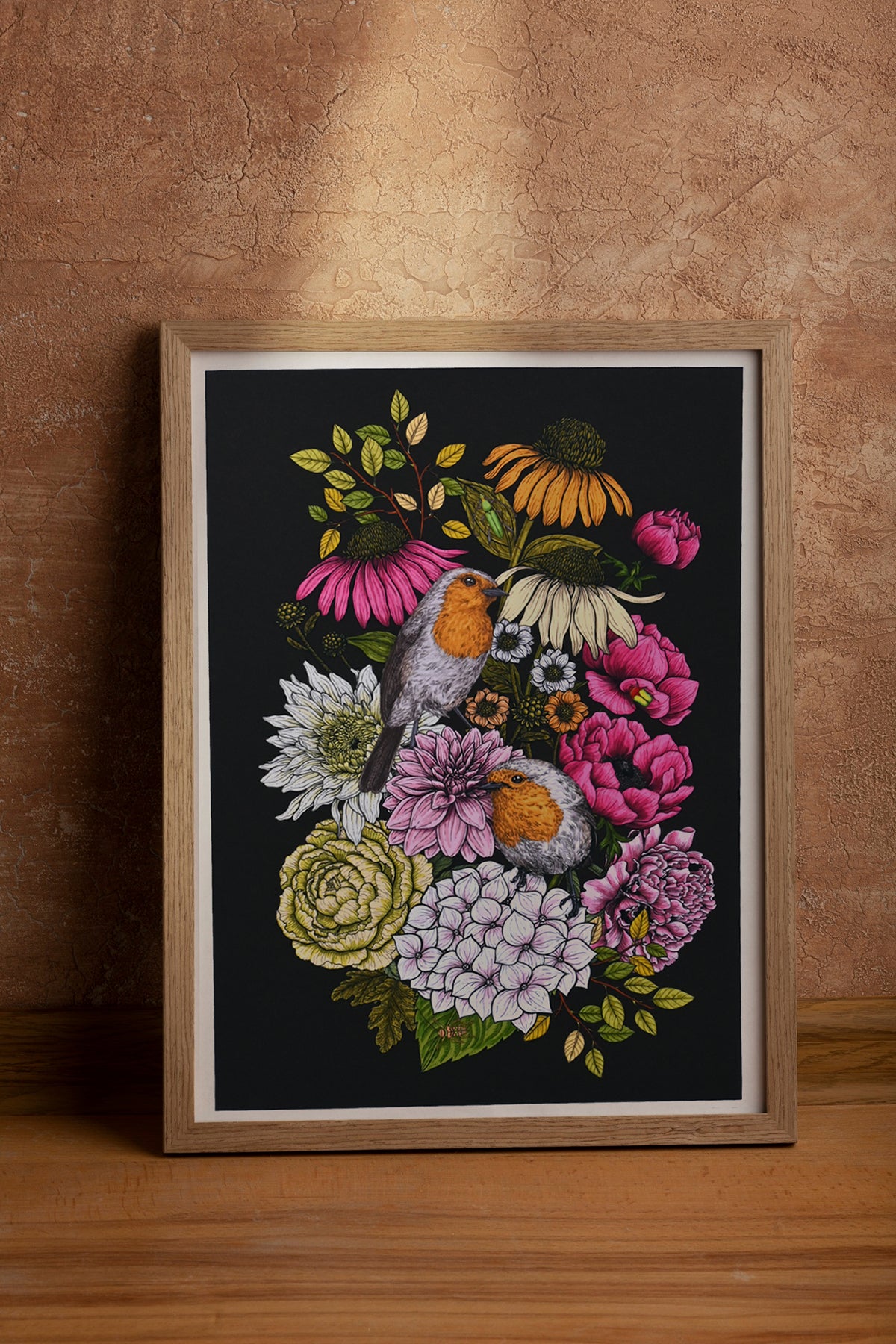 framed print of an illustration of two robin birds and bouquet of garden flowers