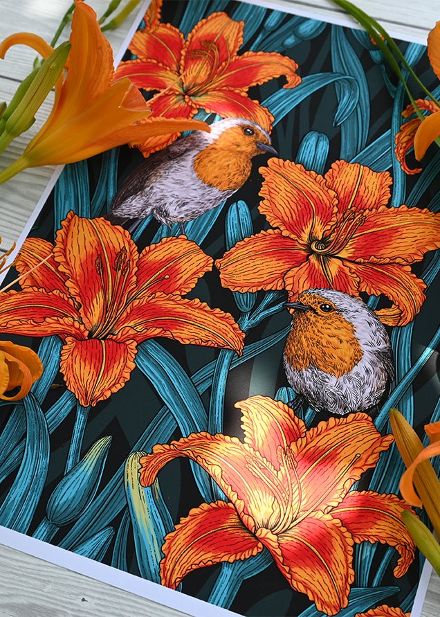 Robins and lilies Print - katerinamitkova