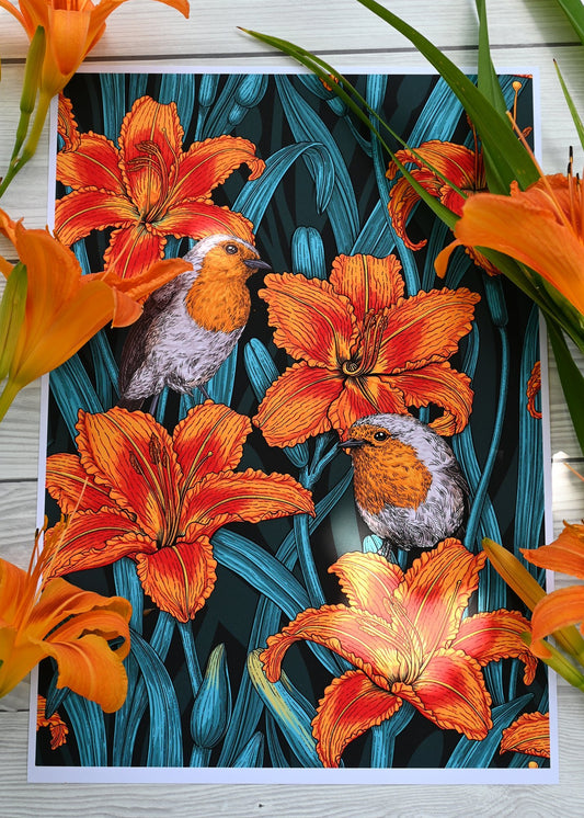Robins and lilies Print - katerinamitkova