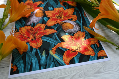 Robins and lilies Print - katerinamitkova