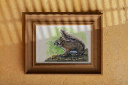 Framed artwork of a squirrel on an orange wall