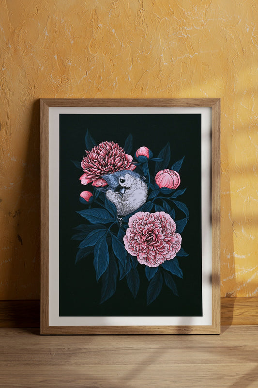 Titmouse and peonies print - katerinamitkova