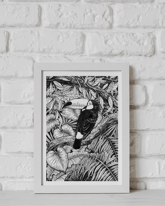 Toucan in the jungle, ink drawing in a white frame on a white brick wall