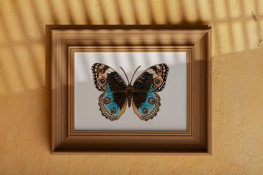 Framed Blue Pansy Butterfly painting on a beige wall